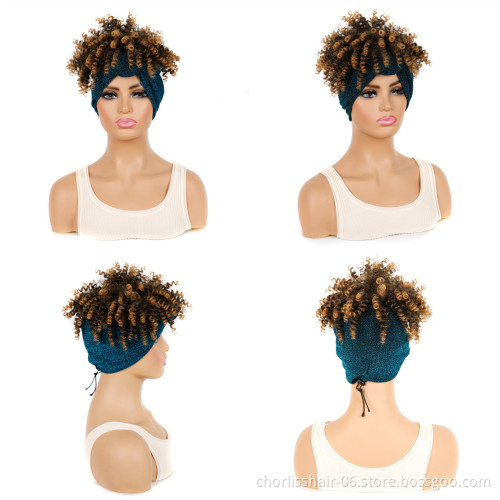 Wholesale Ombre Cheap Turban Afro Wig Afro Wig Short Heat Resistant Fluffy Synthetic Wig With Headband Attached For Women